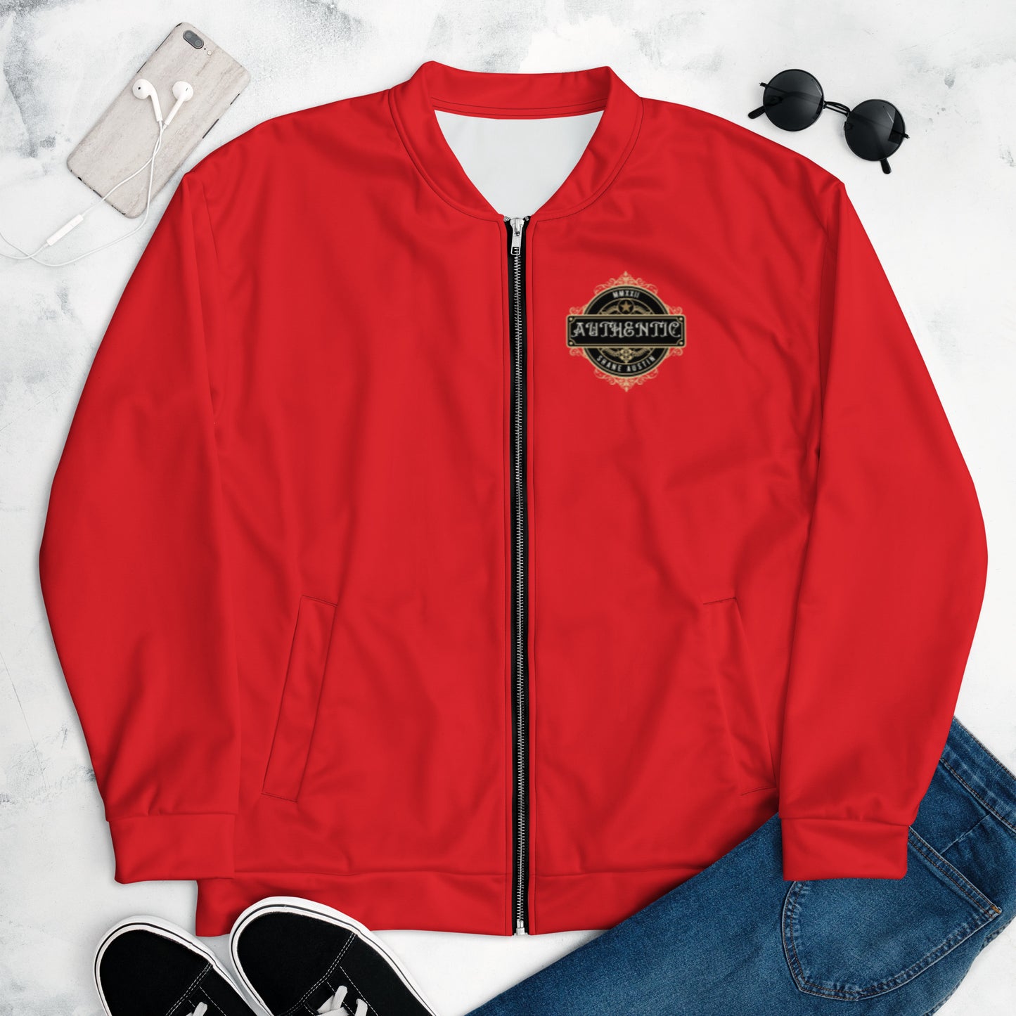 Authentic Patch Unisex Bomber Jacket (Red)