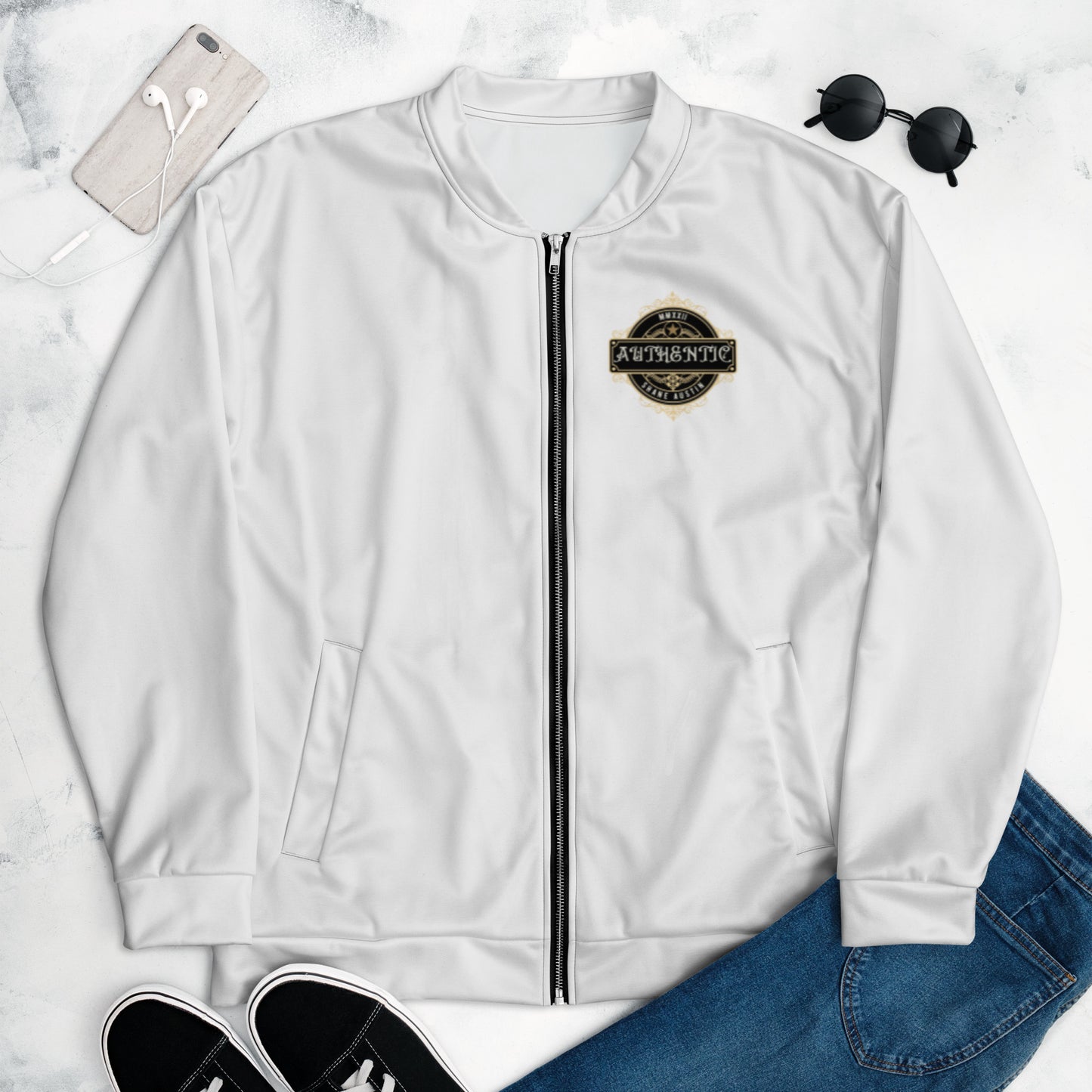 Authentic Patch Unisex Bomber Jacket (White)